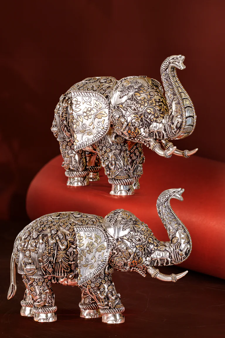 A pair of detailed handcrafted Katiayini silver elephants